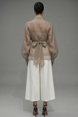 Isadora shirt : sheer organza wrap blouse in taupe - SIMOVSKA