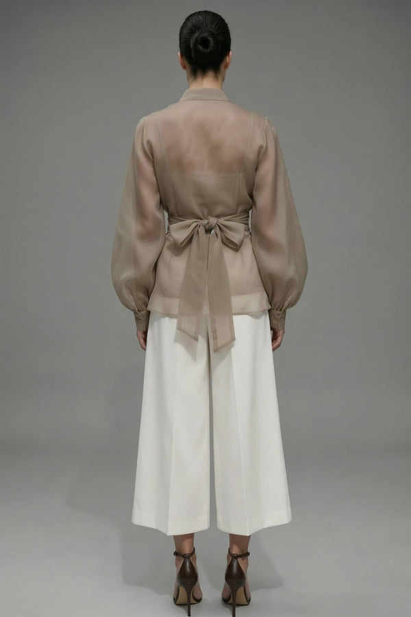 Isadora shirt : sheer organza wrap blouse in taupe - SIMOVSKA