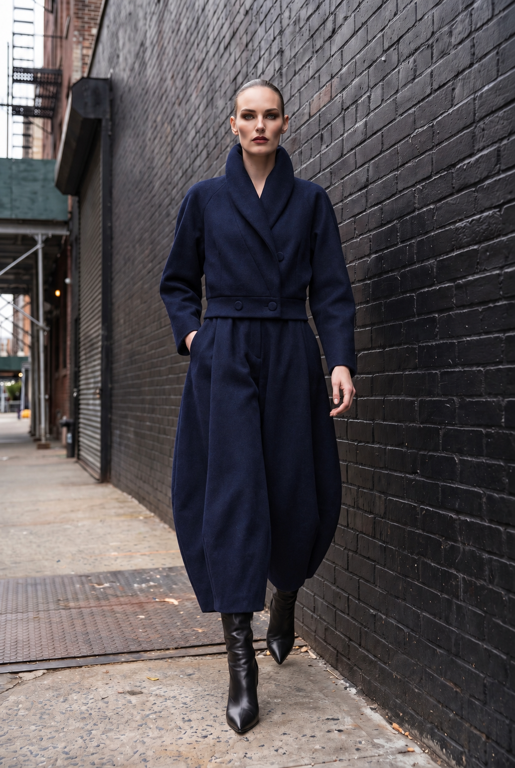 Stockholm Navy Blue Wool Jacket and Barrel-Leg Trouser Set