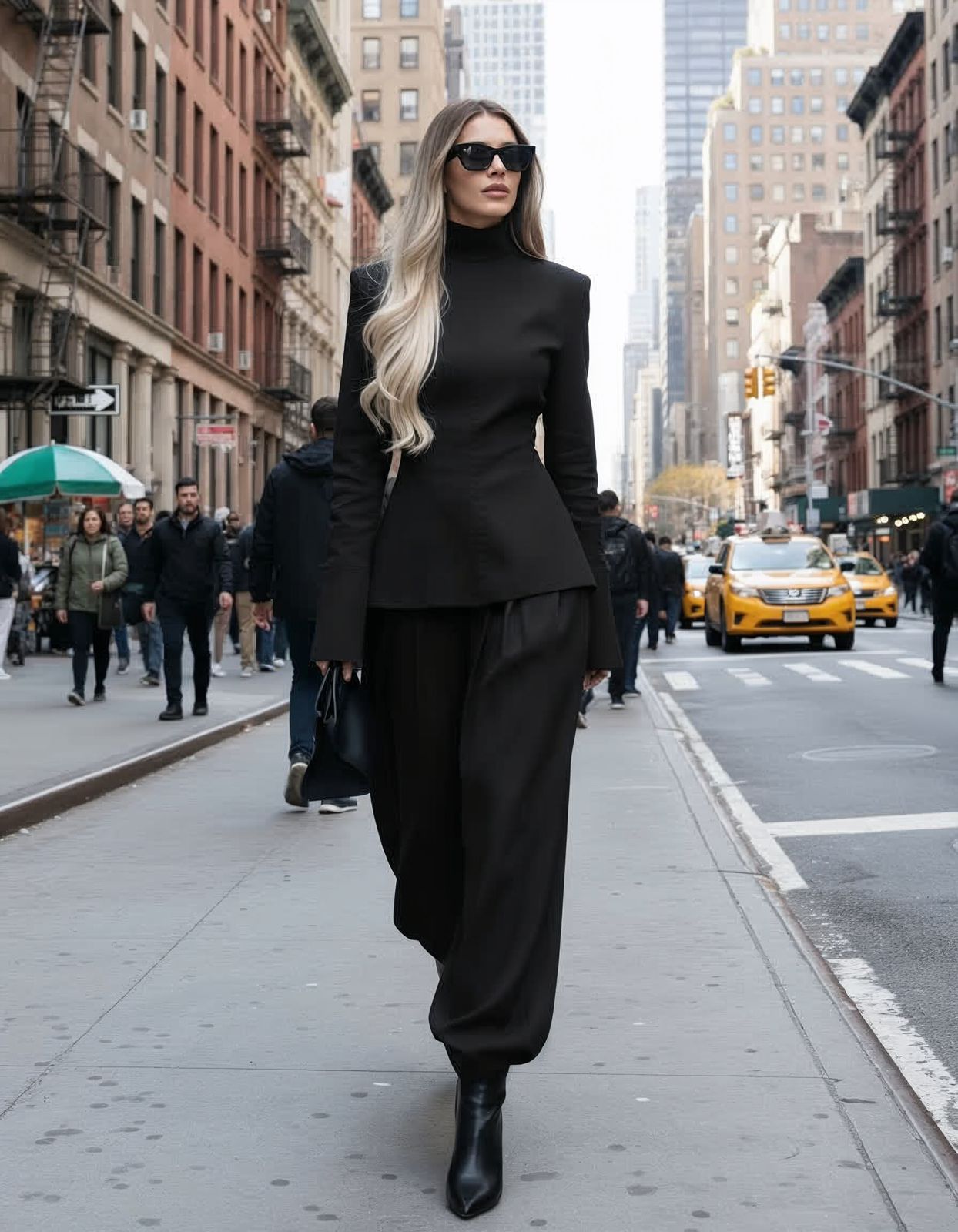 Woman walking confidently down a New York street in the Metropolis Set featuring a sculpted black top and flowing trousers