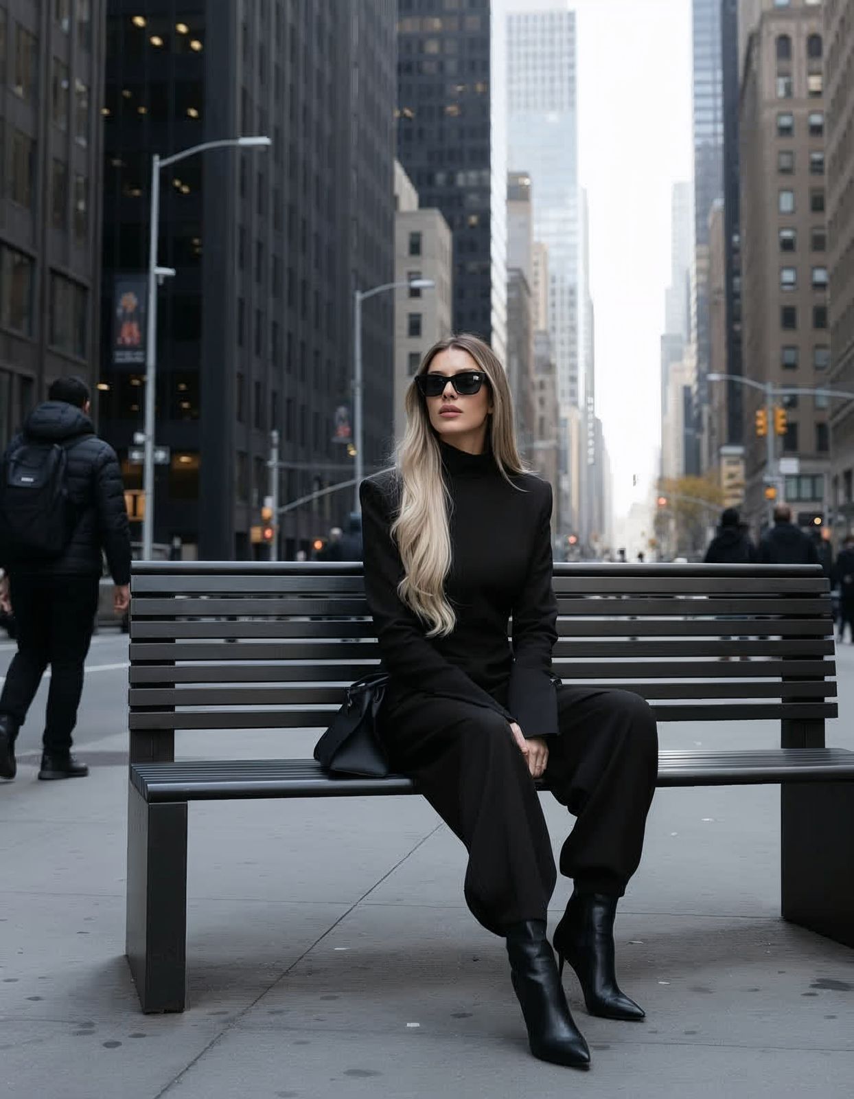 Woman seated on a modern city bench in New York, wearing the Metropolis Set in structured black twill, exuding elegance.
