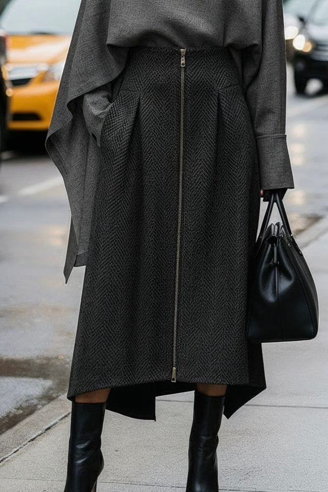 Metropolitan Skirt – Graphite Herringbone - SIMOVSKA