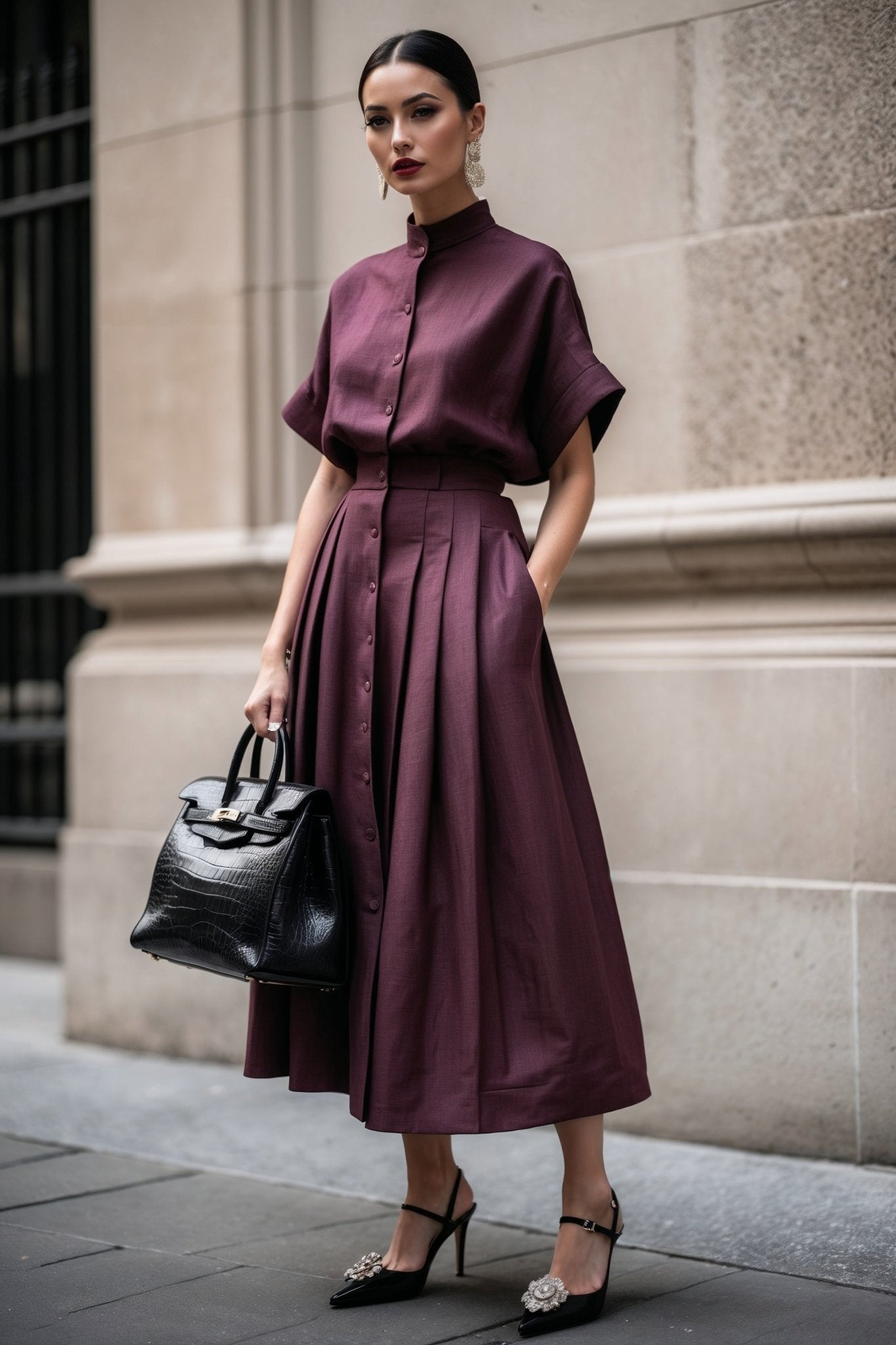 Mila Linen Set in Dark Burgundy - SIMOVSKA