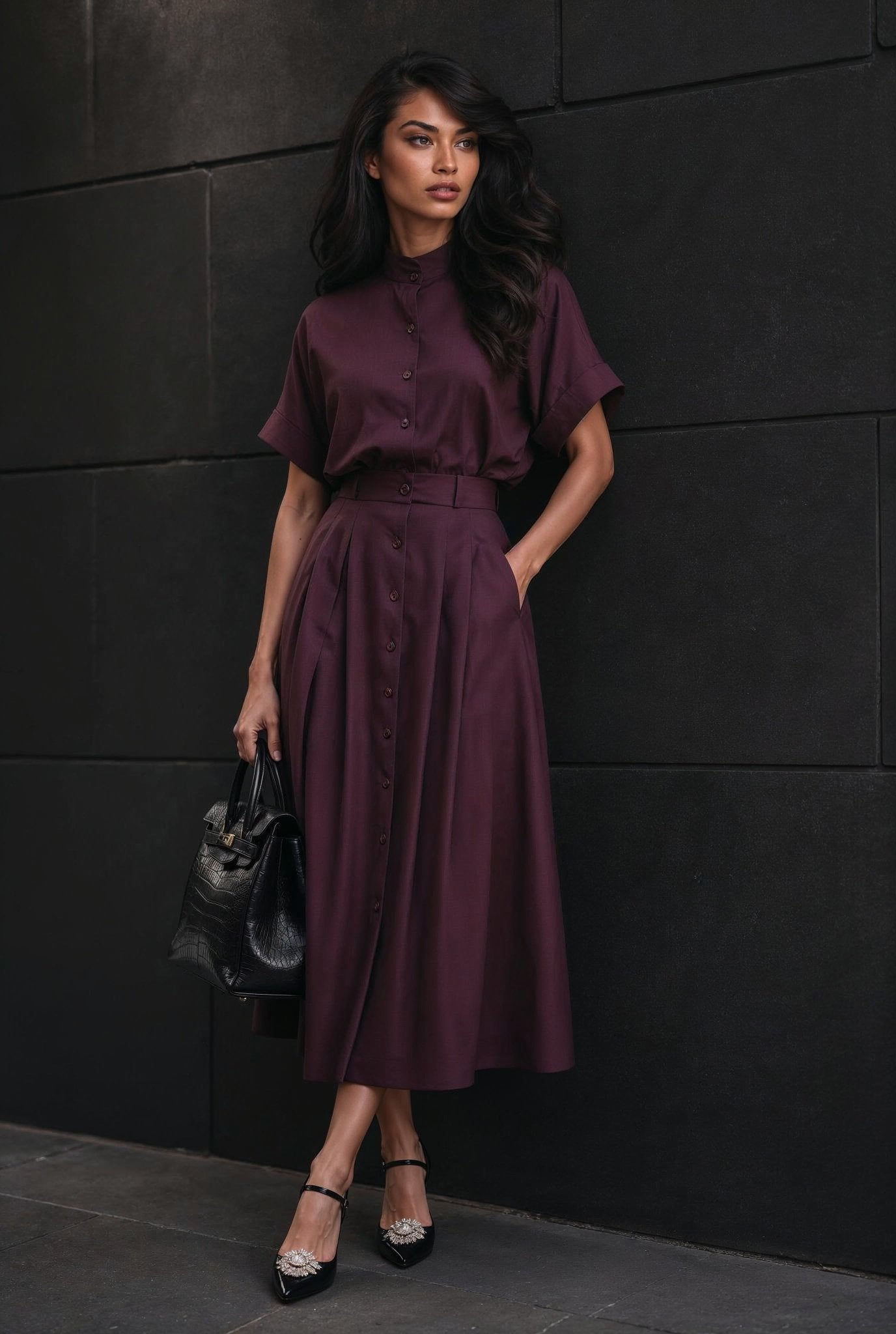 Mila Linen Set in Dark Burgundy - SIMOVSKA
