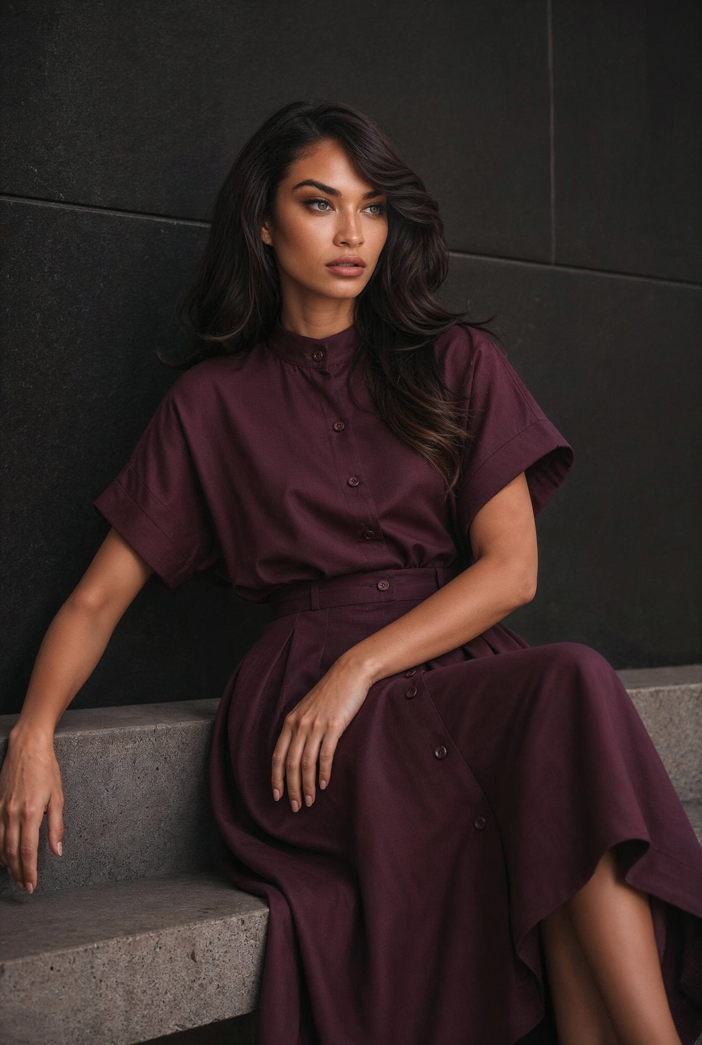 Mila Linen Set in Dark Burgundy - SIMOVSKA
