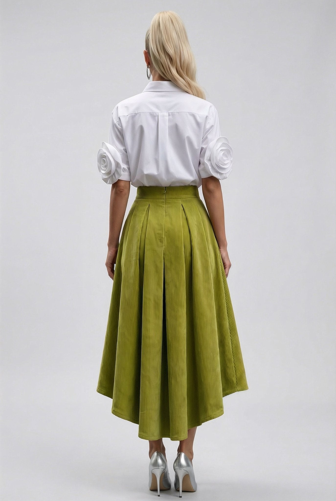 Mila skirt : cotton - stretch corduroy asymmetric midi skirt with front zipper in bright olive green - SIMOVSKA