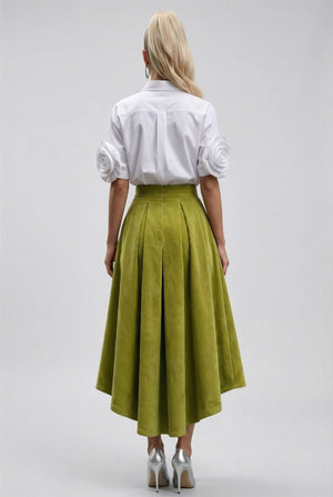 Mila skirt : cotton - stretch corduroy asymmetric midi skirt with front zipper in bright olive green - SIMOVSKA