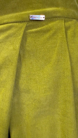 Mila skirt : cotton - stretch corduroy asymmetric midi skirt with front zipper in bright olive green - SIMOVSKA