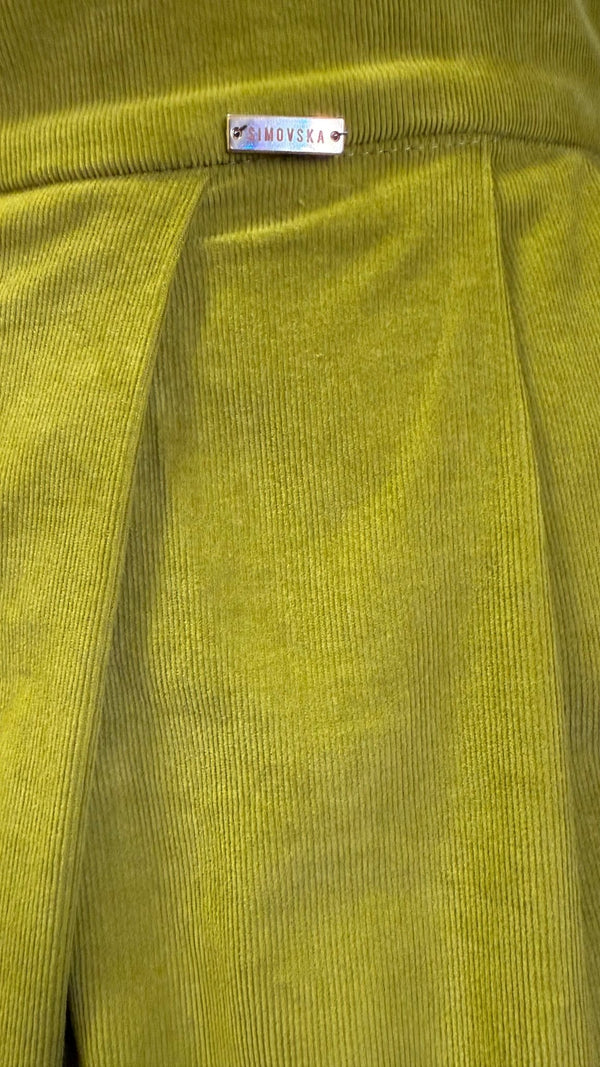 Mila skirt : cotton - stretch corduroy asymmetric midi skirt with front zipper in bright olive green - SIMOVSKA