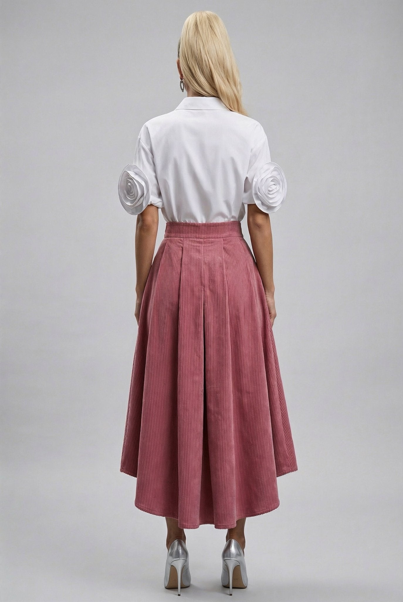 Mila skirt : cotton - stretch corduroy high - low midi skirt with front zipper in dusty pink - SIMOVSKA