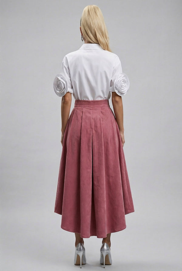 Mila skirt : cotton - stretch corduroy high - low midi skirt with front zipper in dusty pink - SIMOVSKA