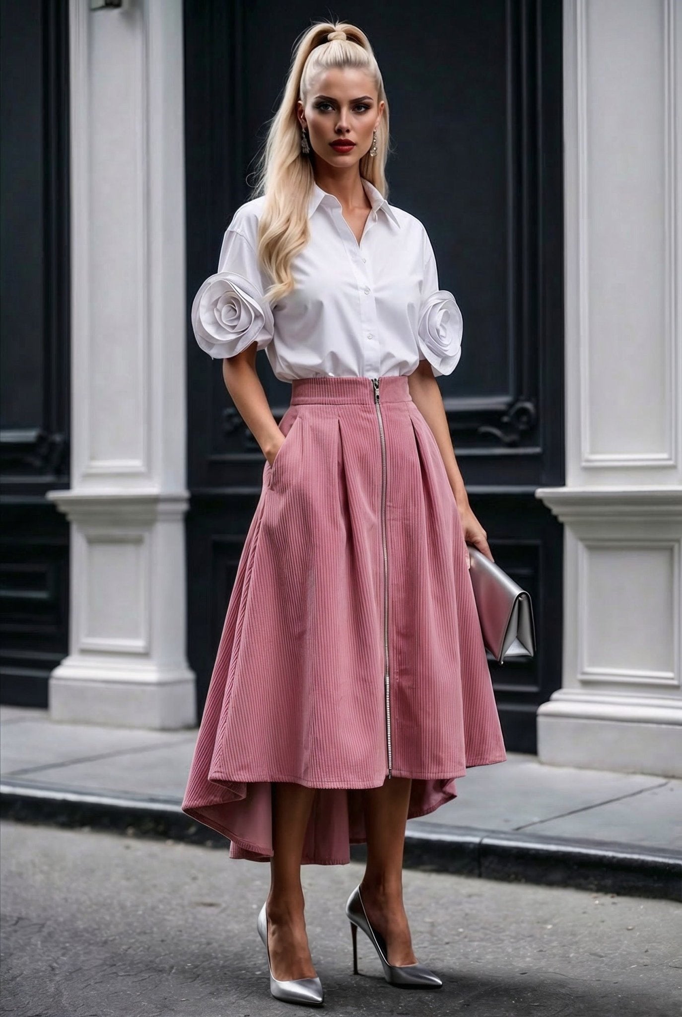 Mila skirt : cotton - stretch corduroy high - low midi skirt with front zipper in dusty pink - SIMOVSKA