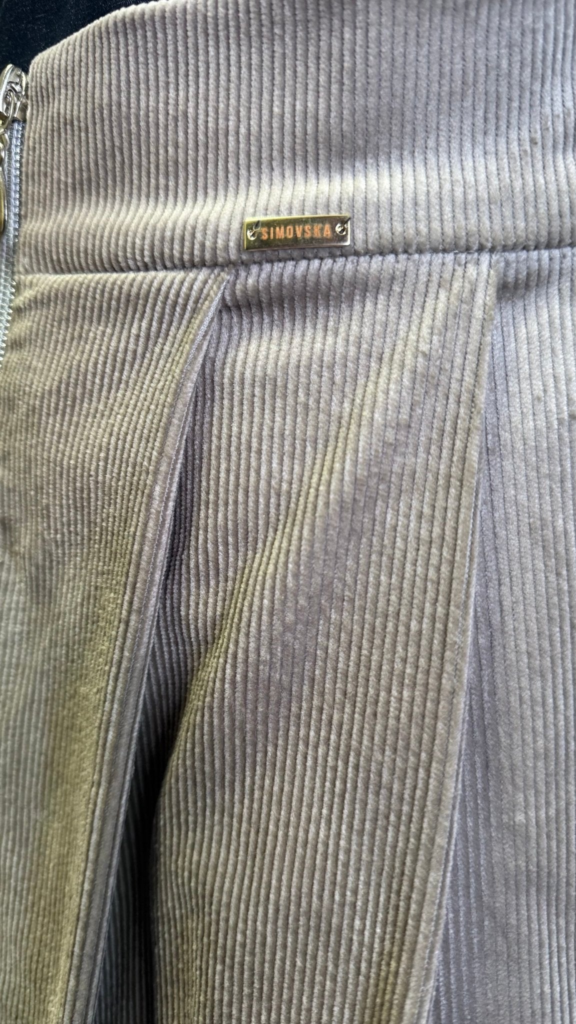 Mila skirt : cotton - stretch corduroy high - low midi skirt with front zipper in taupe - SIMOVSKA