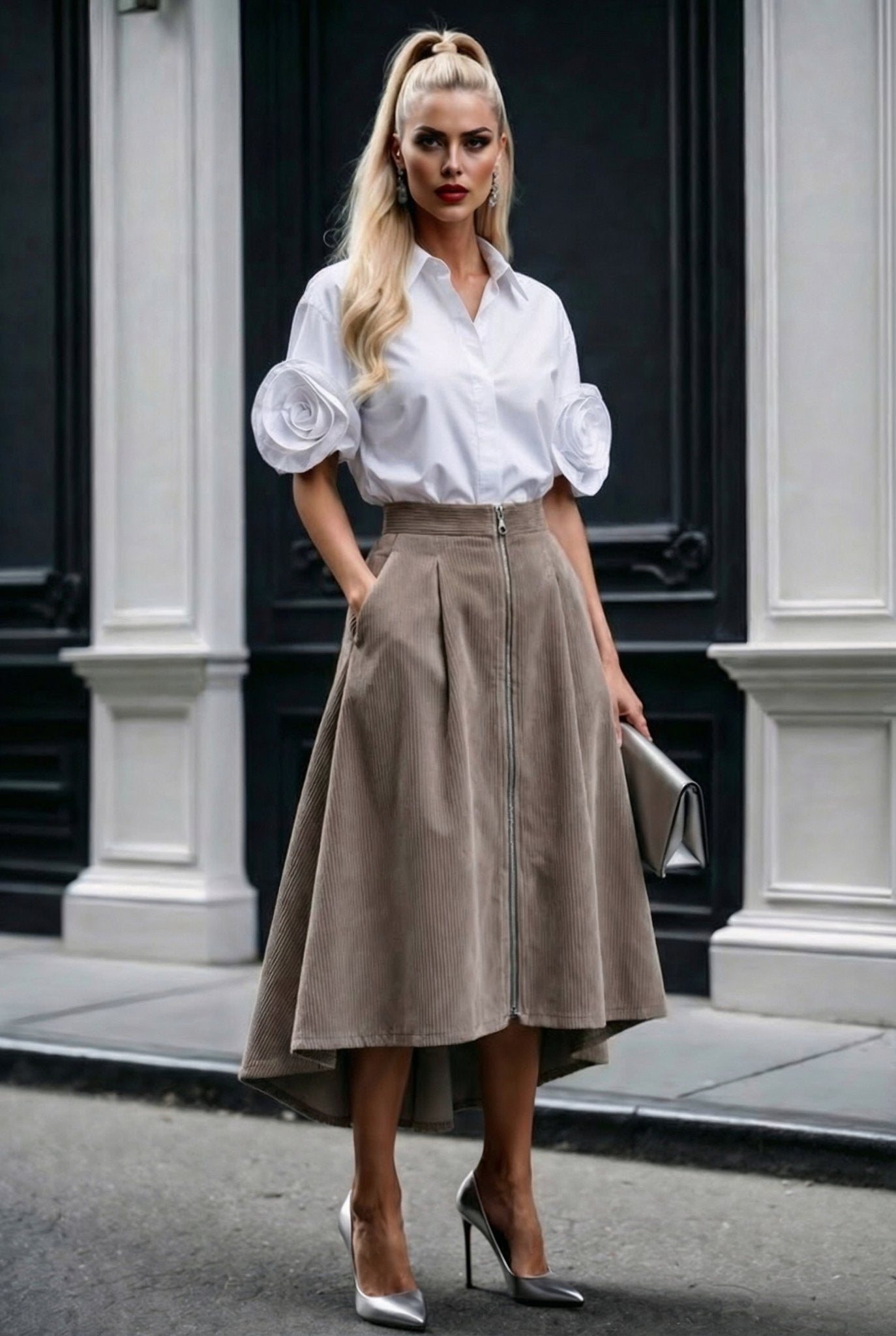 Mila skirt : cotton - stretch corduroy high - low midi skirt with front zipper in taupe - SIMOVSKA