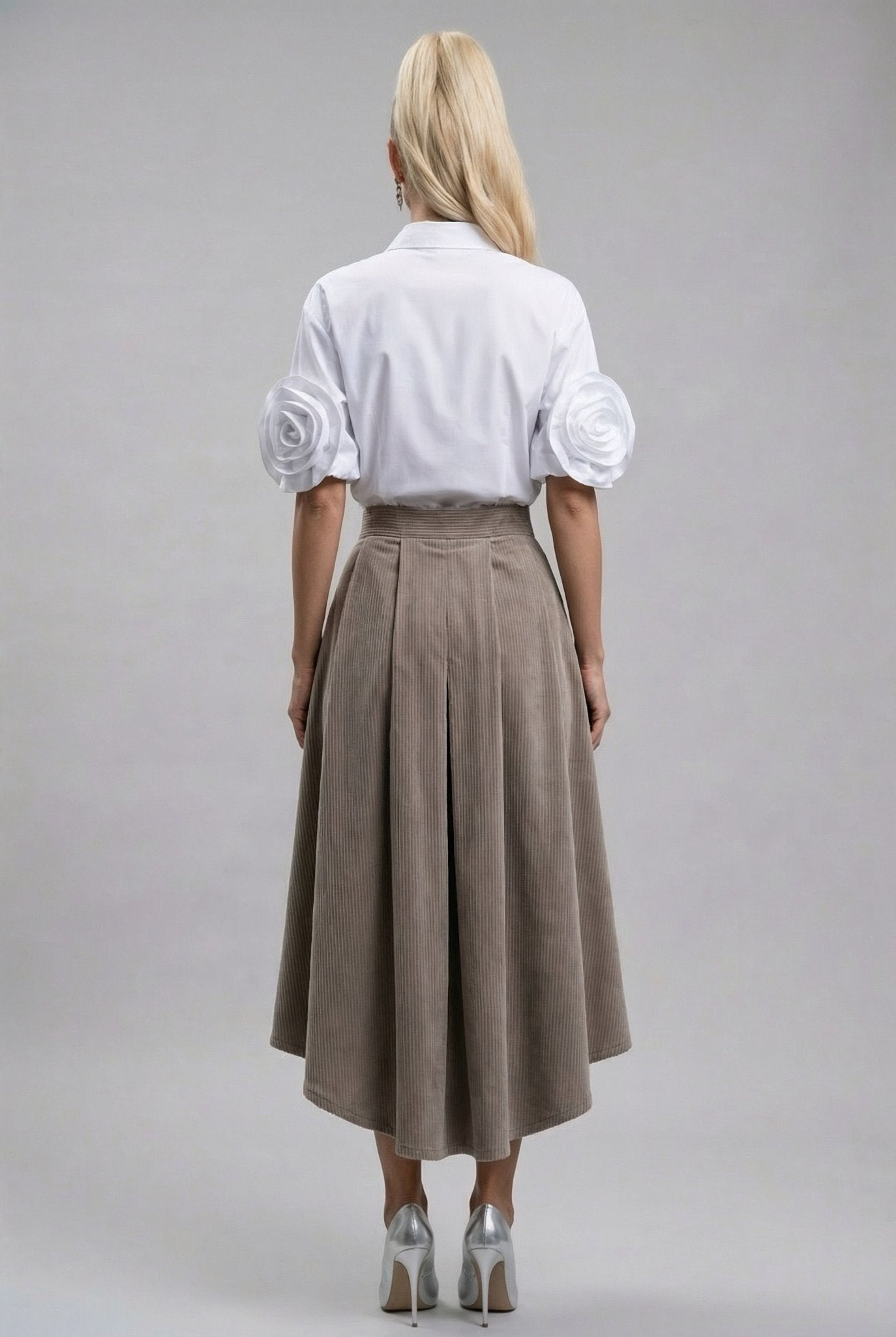 Mila skirt : cotton - stretch corduroy high - low midi skirt with front zipper in taupe - SIMOVSKA