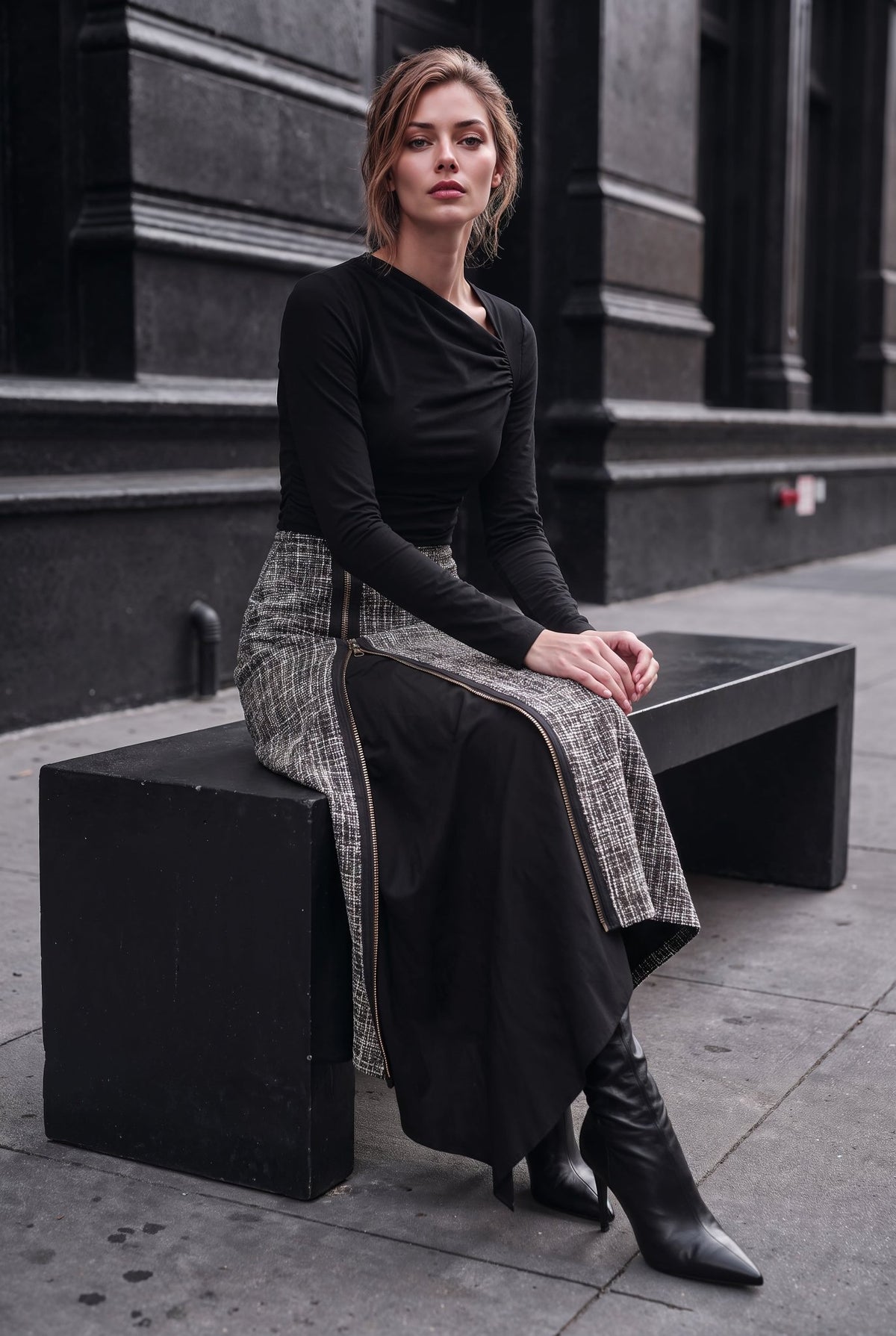 Milan Black and White Tweed Zip Midi Skirt - SIMOVSKA