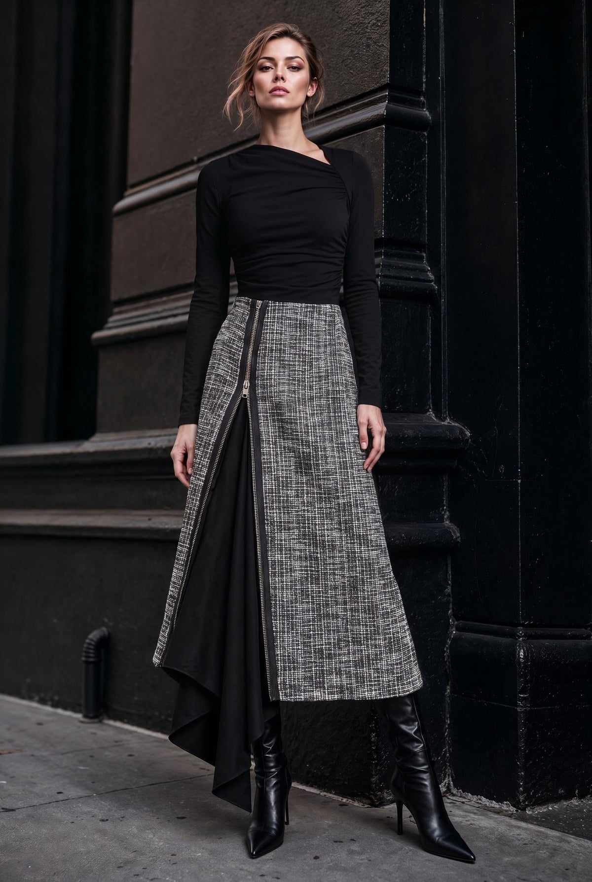 Milan Black and White Tweed Zip Midi Skirt - SIMOVSKA