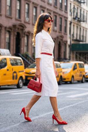 Noemi dress : stretch denim midi dress with sculpted collar and belt in Ice White - SIMOVSKA