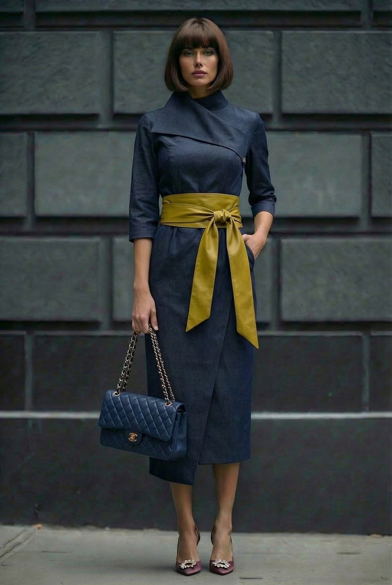 Noemi dress : stretch denim midi dress with sculpted collar and belt in Navy