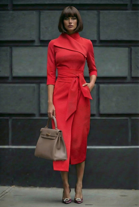 Noemi dress : stretch denim midi dress with sculpted collar and belt i SIMOVSKA Noemi dress : stretch denim midi dress with sculpted collar and belt i SIMOVSKA