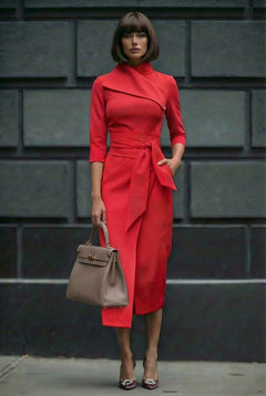 Noemi dress : stretch denim midi dress with sculpted collar and belt in red - SIMOVSKA