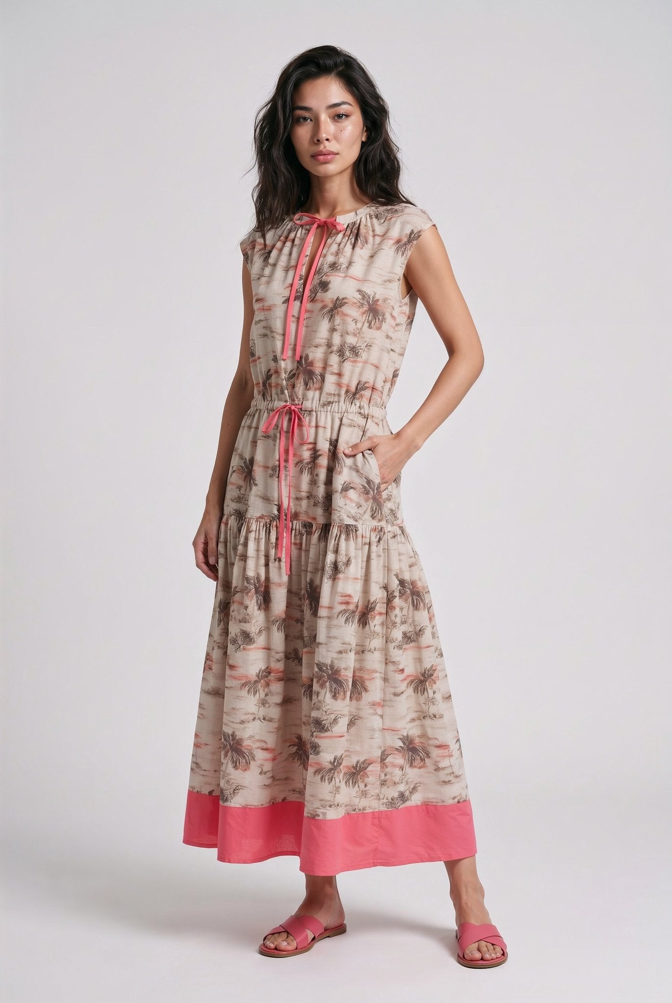 Palm Dress – Beige & Coral 100% Cotton Poplin - SIMOVSKA