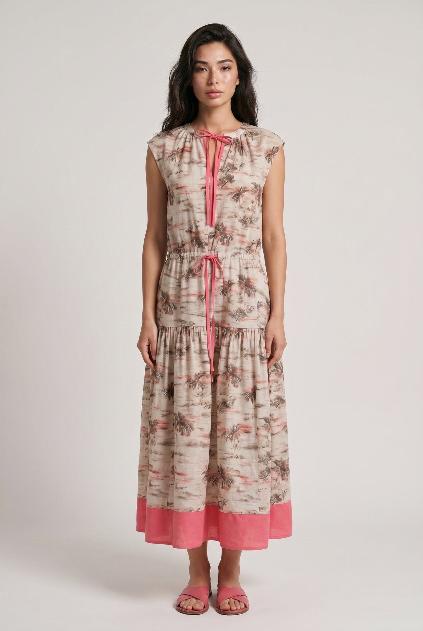 Palm Dress – Beige & Coral 100% Cotton Poplin - SIMOVSKA