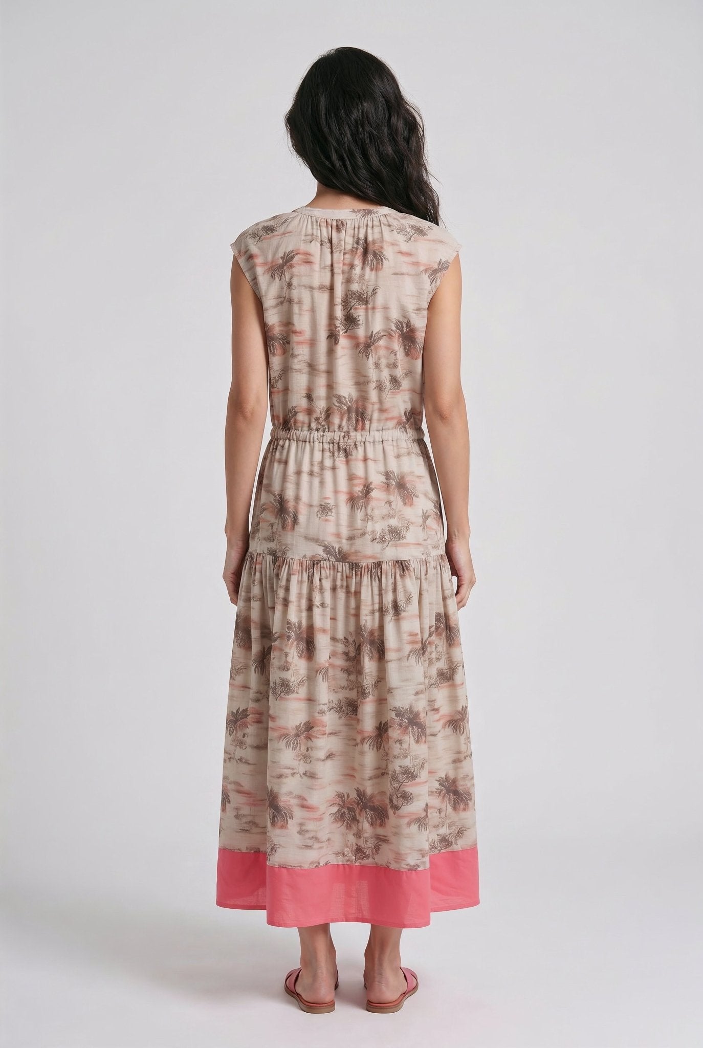 Palm Dress – Beige & Coral 100% Cotton Poplin - SIMOVSKA