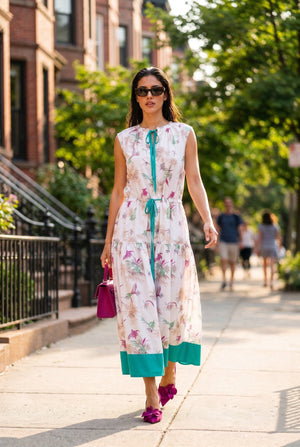 Palm Dress – White & Turquoise 100% Cotton Poplin - SIMOVSKA