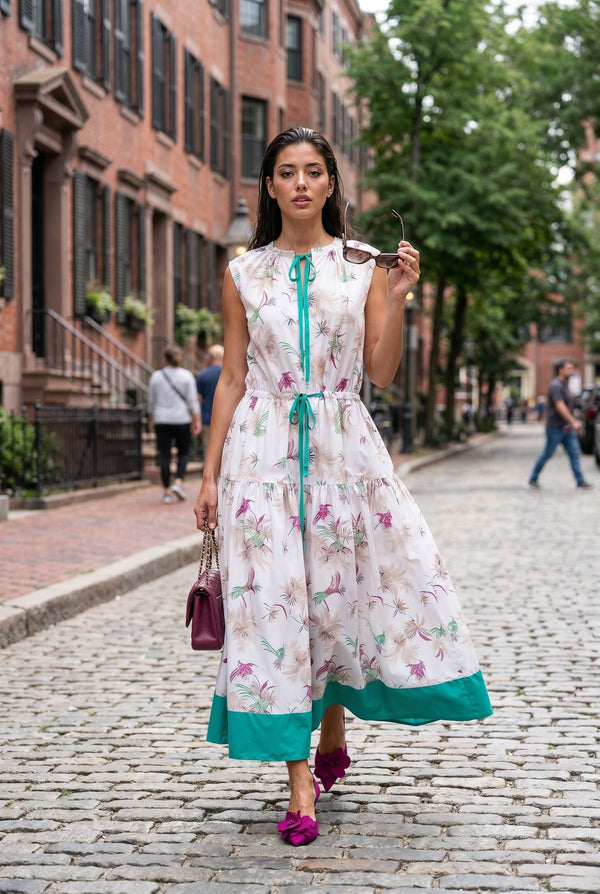 Palm Dress – White & Turquoise 100% Cotton Poplin - SIMOVSKA