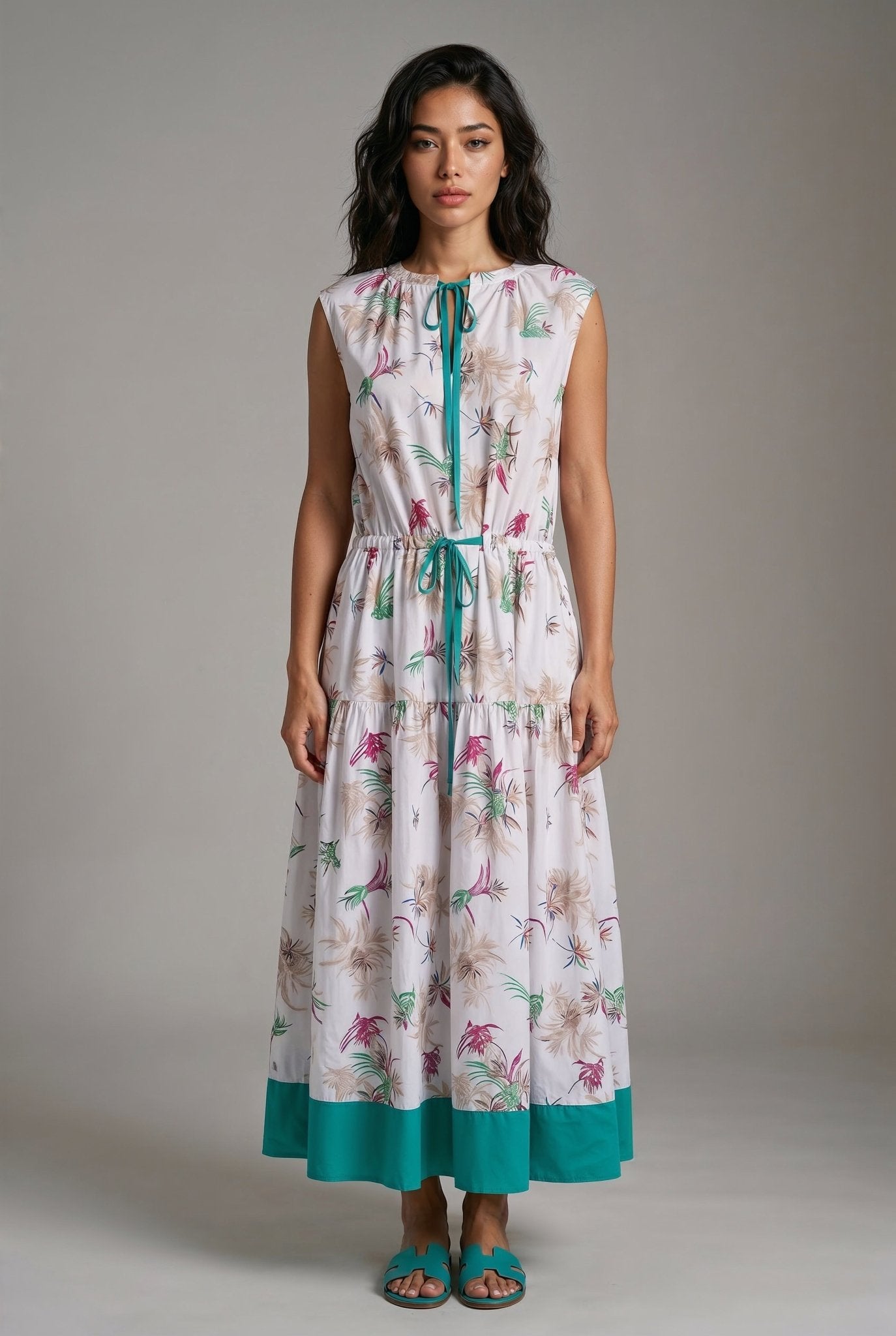 Palm Dress – White & Turquoise 100% Cotton Poplin - SIMOVSKA