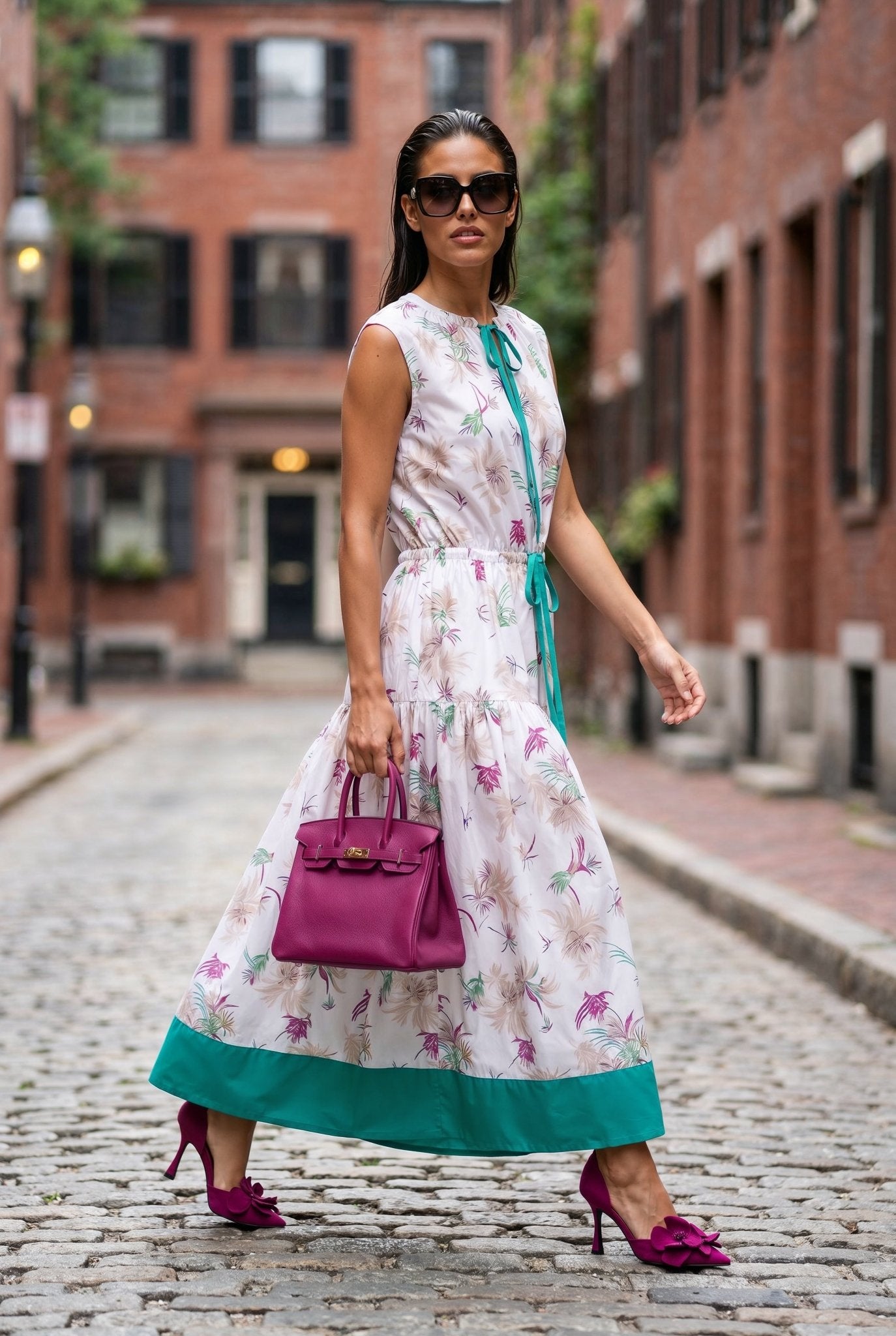 Palm Dress – White & Turquoise 100% Cotton Poplin - SIMOVSKA