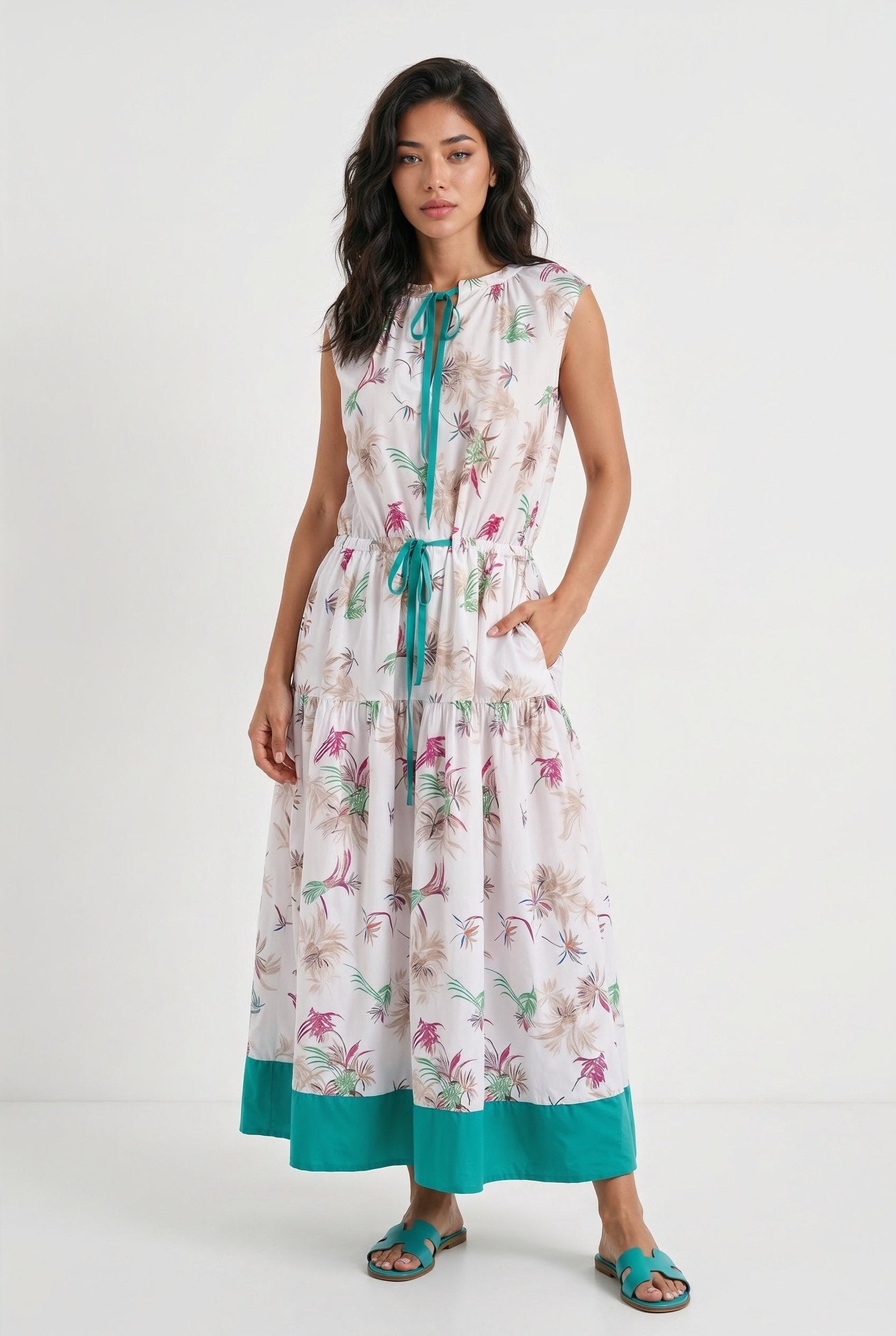 Palm Dress – White & Turquoise 100% Cotton Poplin - SIMOVSKA