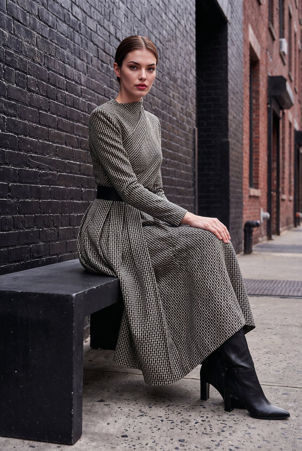 A woman sits on a black bench in an urban alleyway, wearing a long-sleeve, high-neck midi dress with a textured black and beige geometric pattern, a thin black waist belt, and black heeled ankle boots.
