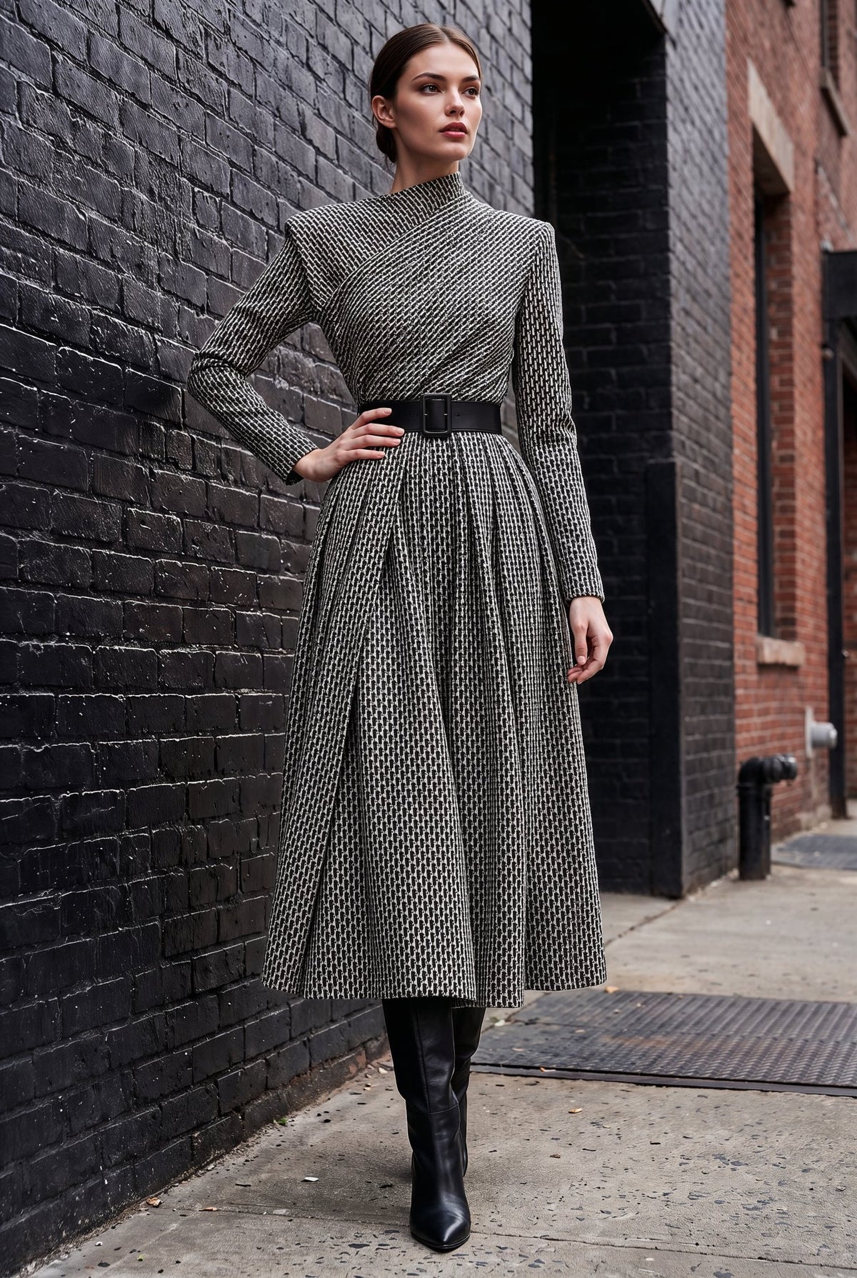 A woman stands on a city sidewalk against a black brick wall, wearing a long-sleeve midi dress with a black and gray geometric pattern, a black belt, and black knee-high boots.