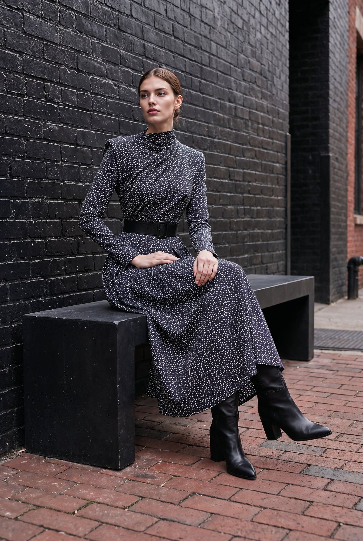 A woman sits on a black bench against a dark brick wall, wearing a long-sleeve high-neck midi dress with a small white geometric pattern on a black base, a black belt at the waist, and black ankle boots.