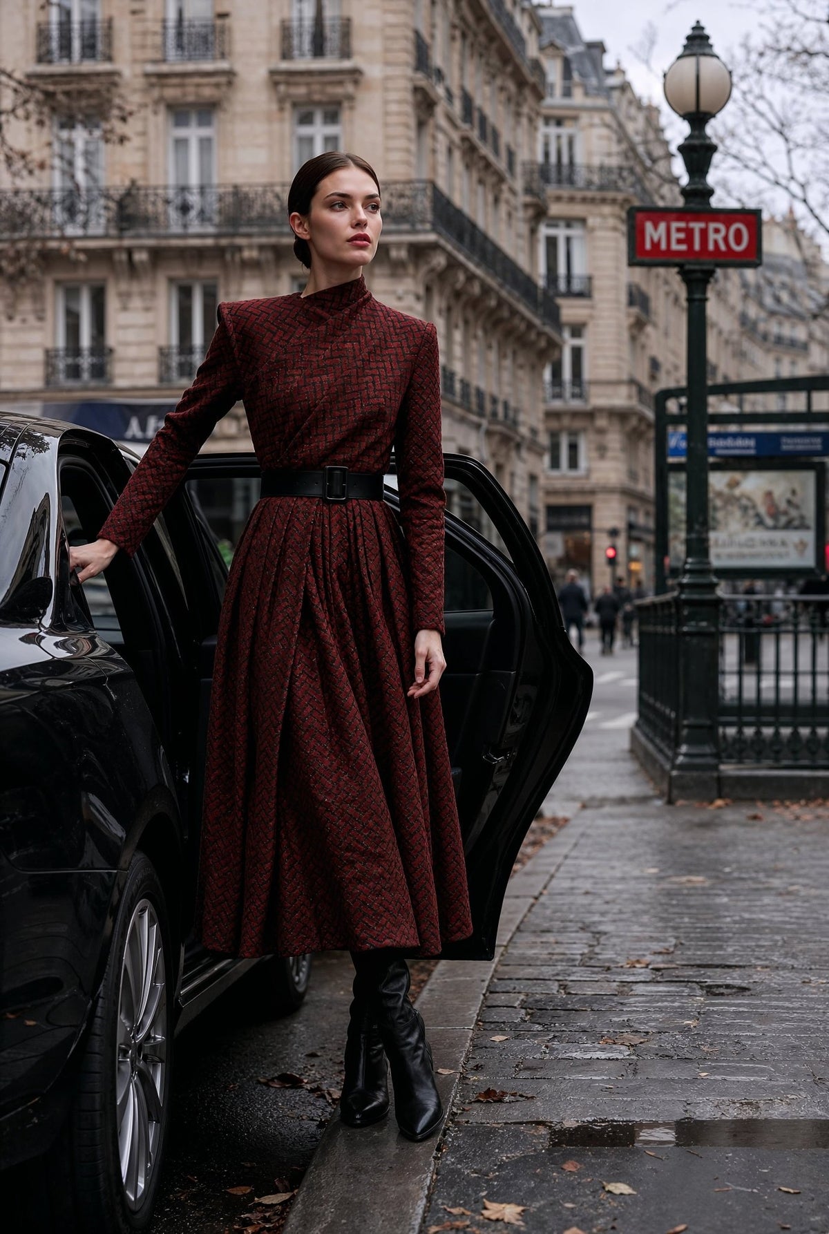 A woman stands on a Parisian street beside an open black car, wearing a long-sleeve high-neck midi dress in a dark red and black patterned fabric with a black belt and black ankle boots.