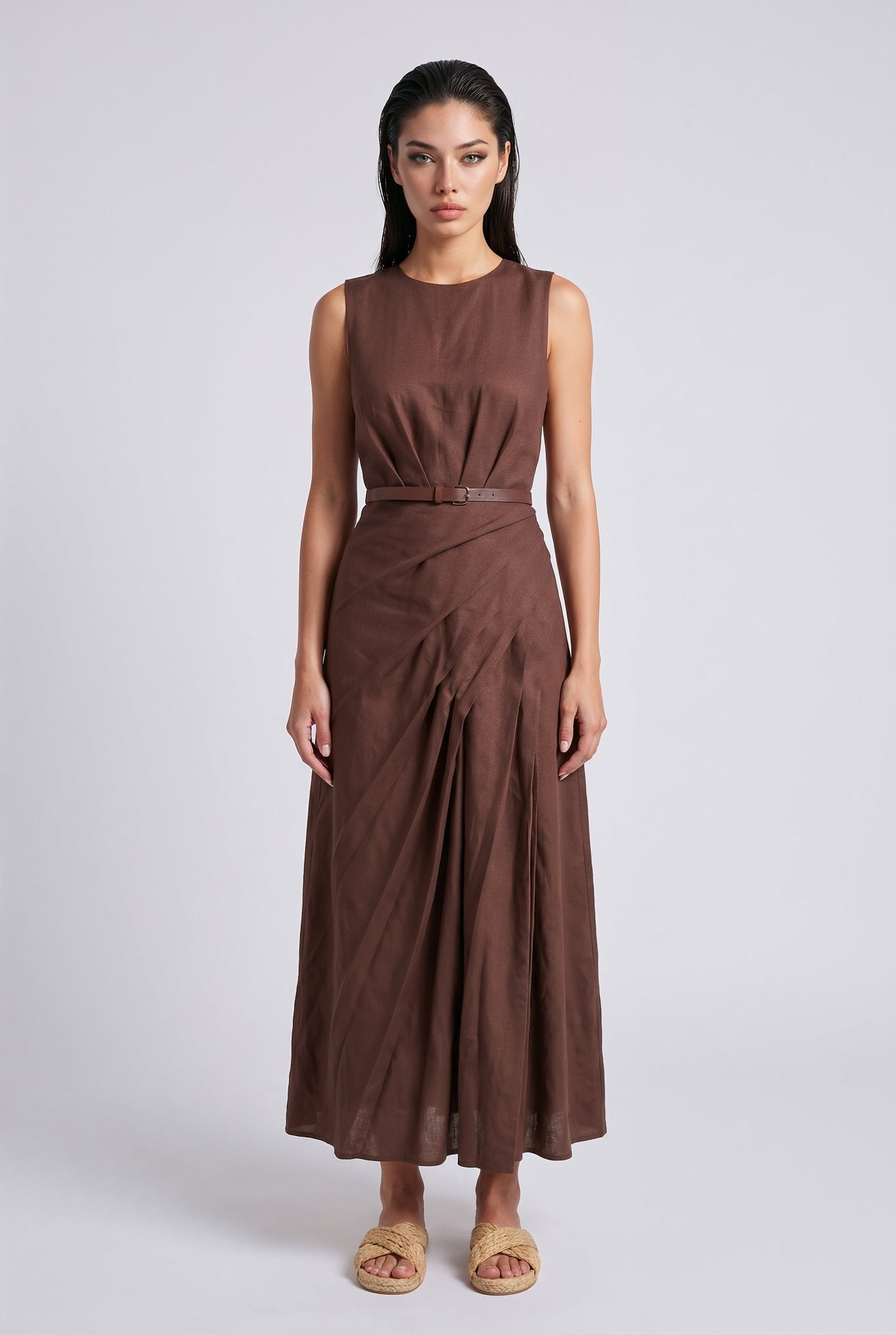 Paros Dress – Chocolate Brown Pure Linen - SIMOVSKA