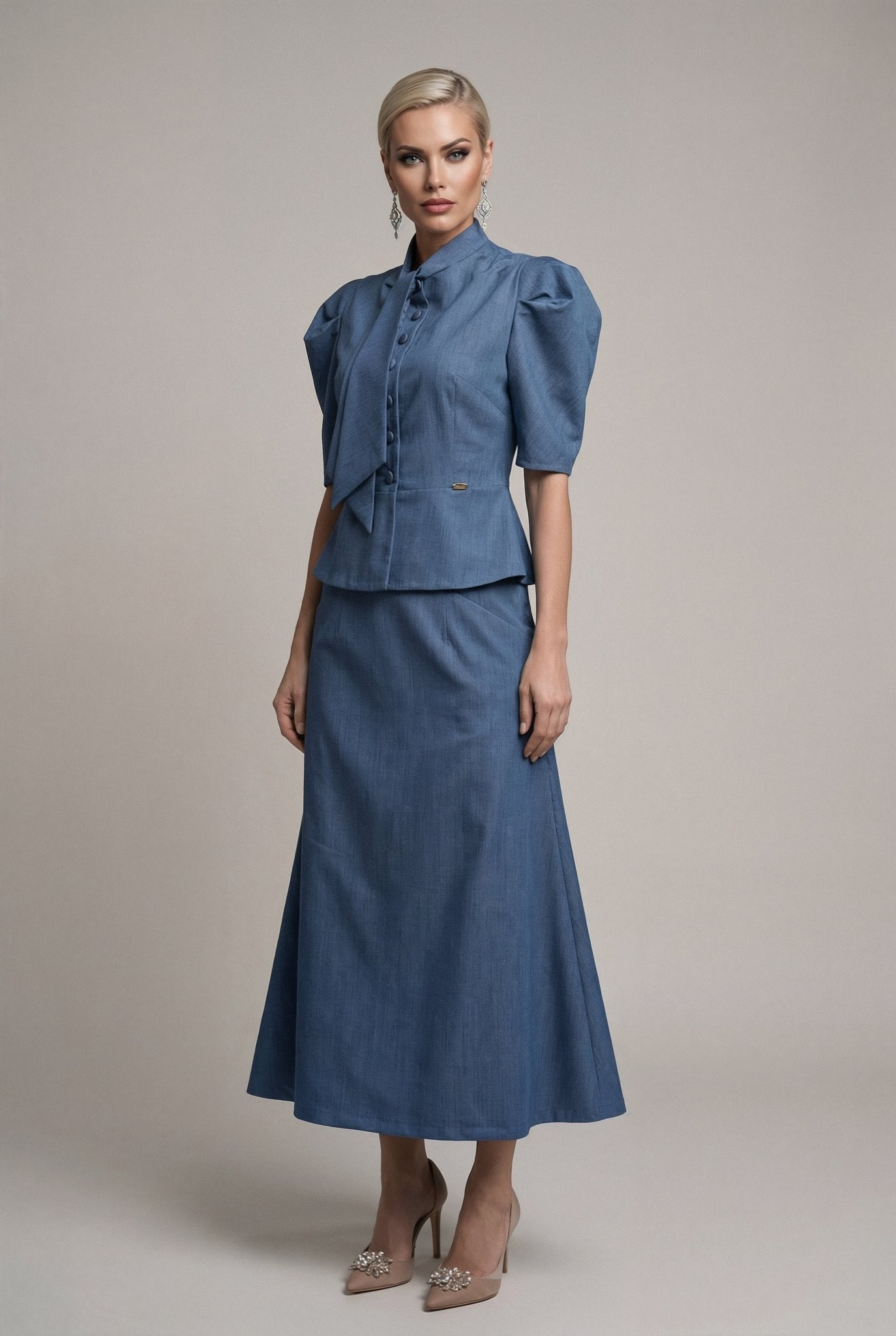 Selene set : Frescolana set with puffed sleeves in Blue - SIMOVSKA