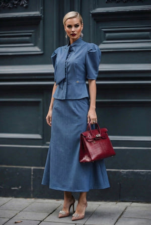Selene set : Frescolana set with puffed sleeves in Blue - SIMOVSKA