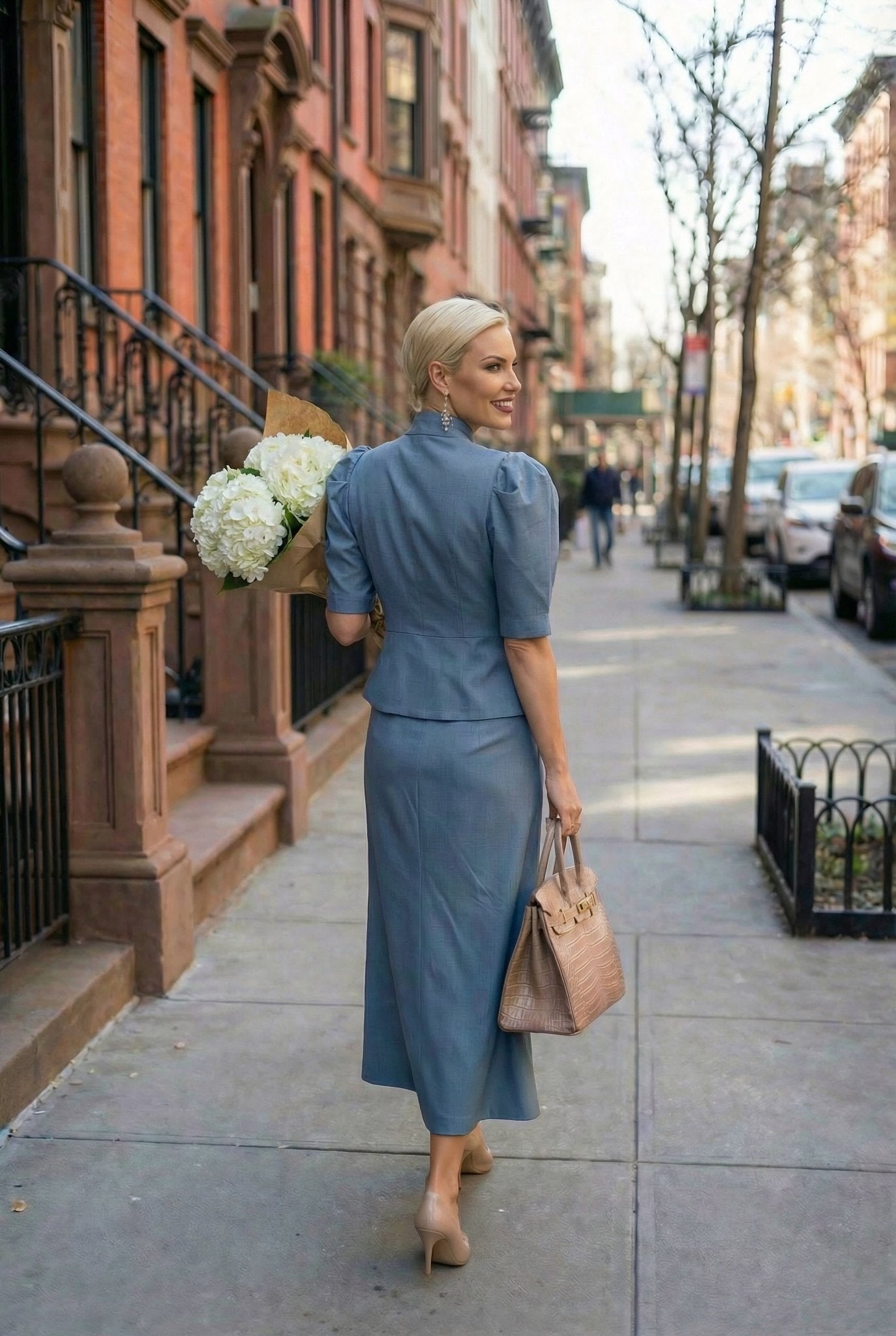 Selene set : Frescolana set with puffed sleeves in Blue - SIMOVSKA