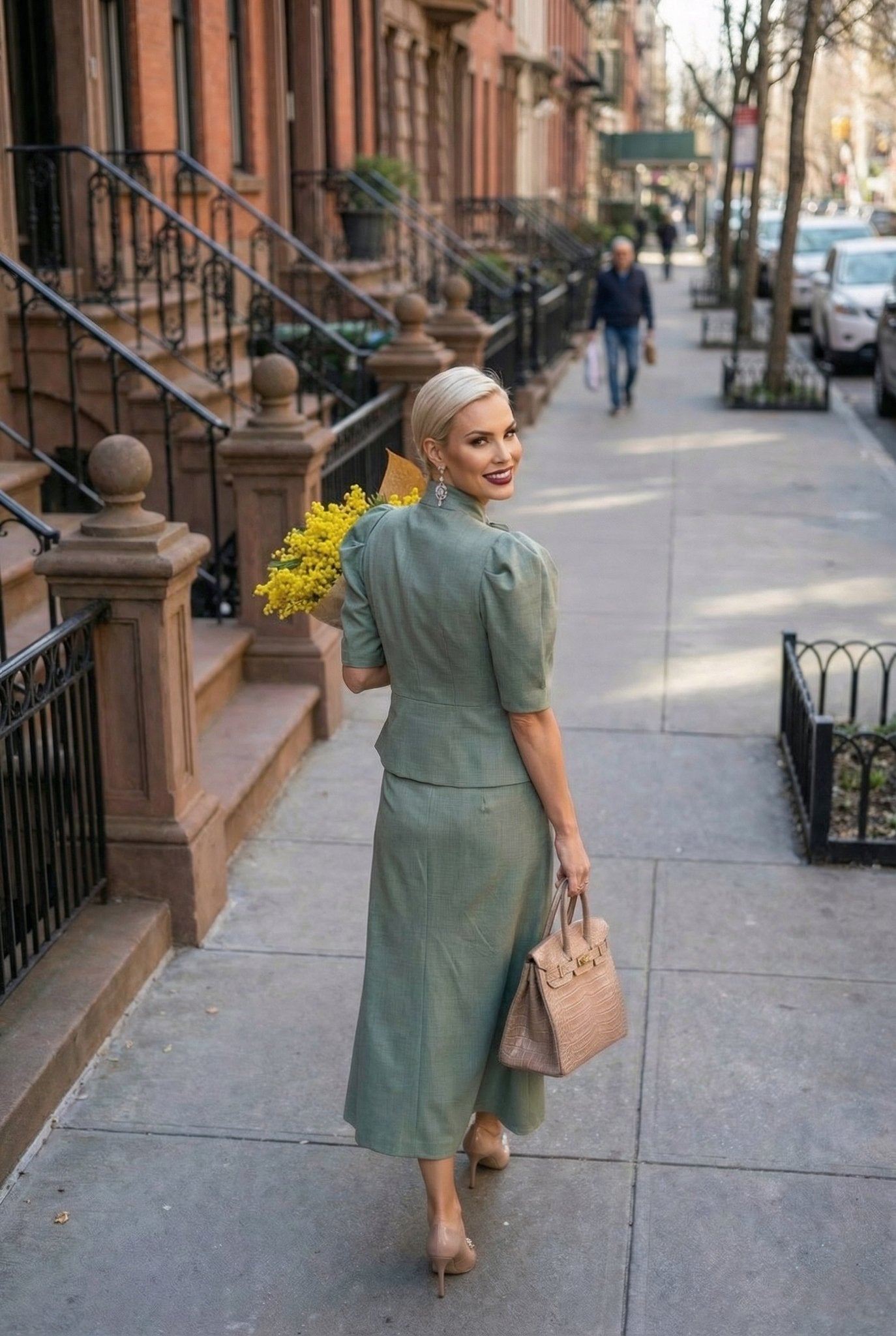 Selene set : Frescolana set with puffed sleeves in sage green SIMOVSKA Selene set : Frescolana set with puffed sleeves in sage green SIMOVSKA
