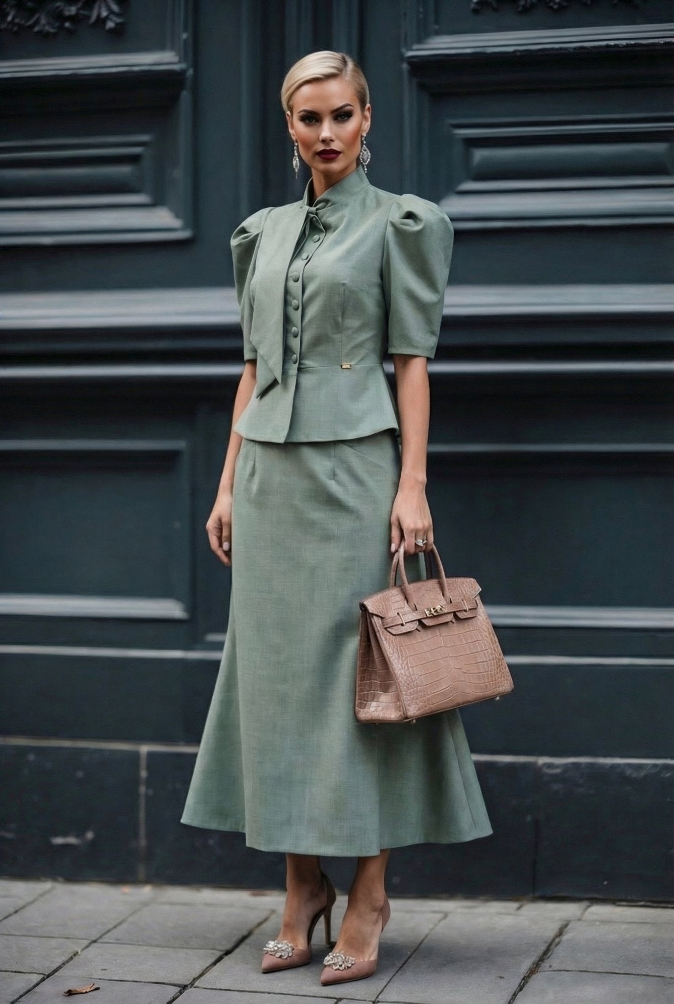 Selene set : Frescolana set with puffed sleeves in sage green - SIMOVSKA