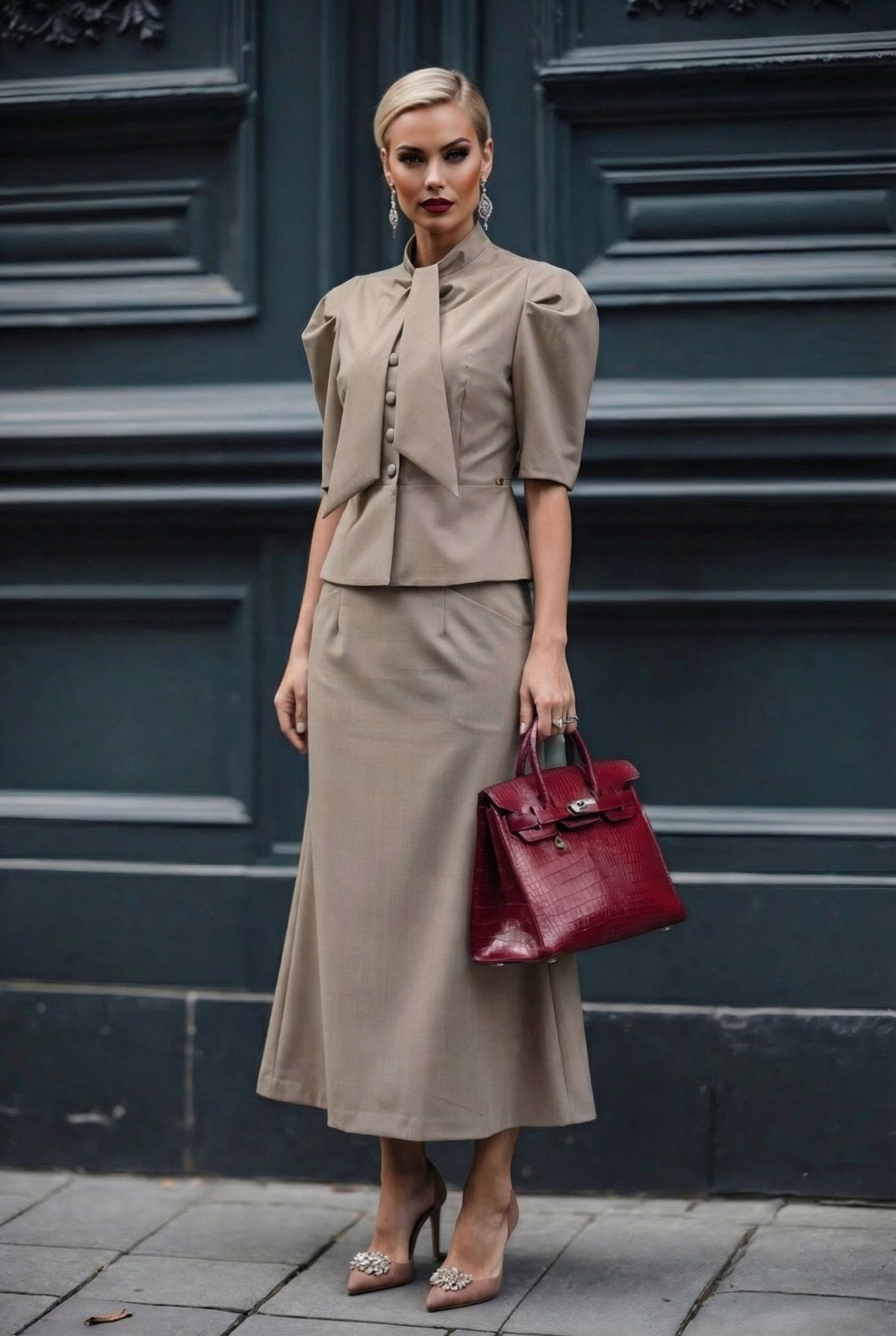 Selene set : Frescolana set with puffed sleeves in Warm Taupe - SIMOVSKA