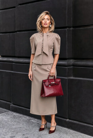 Selene set : Frescolana set with puffed sleeves in Warm Taupe - SIMOVSKA