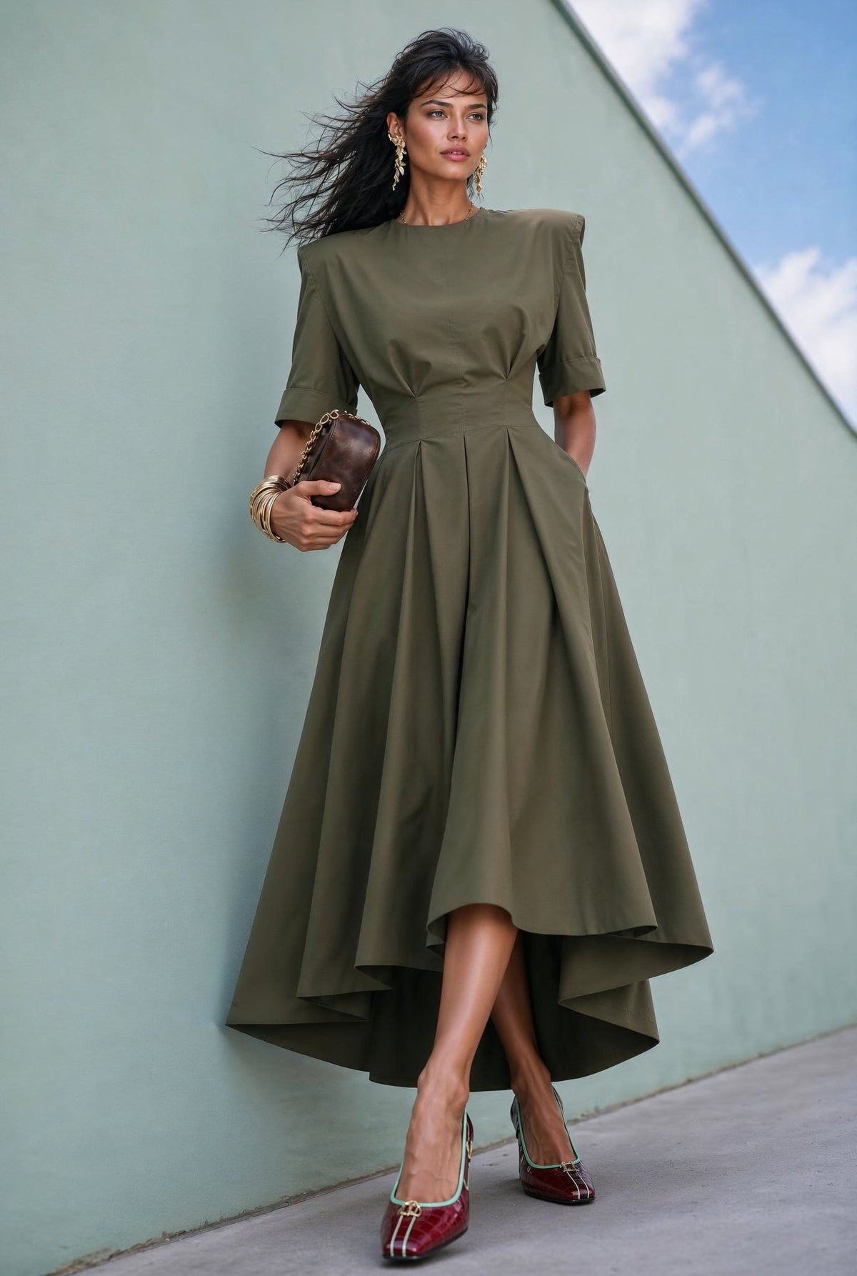 Audrey army-green cotton-poplin high-low midi dress, front view