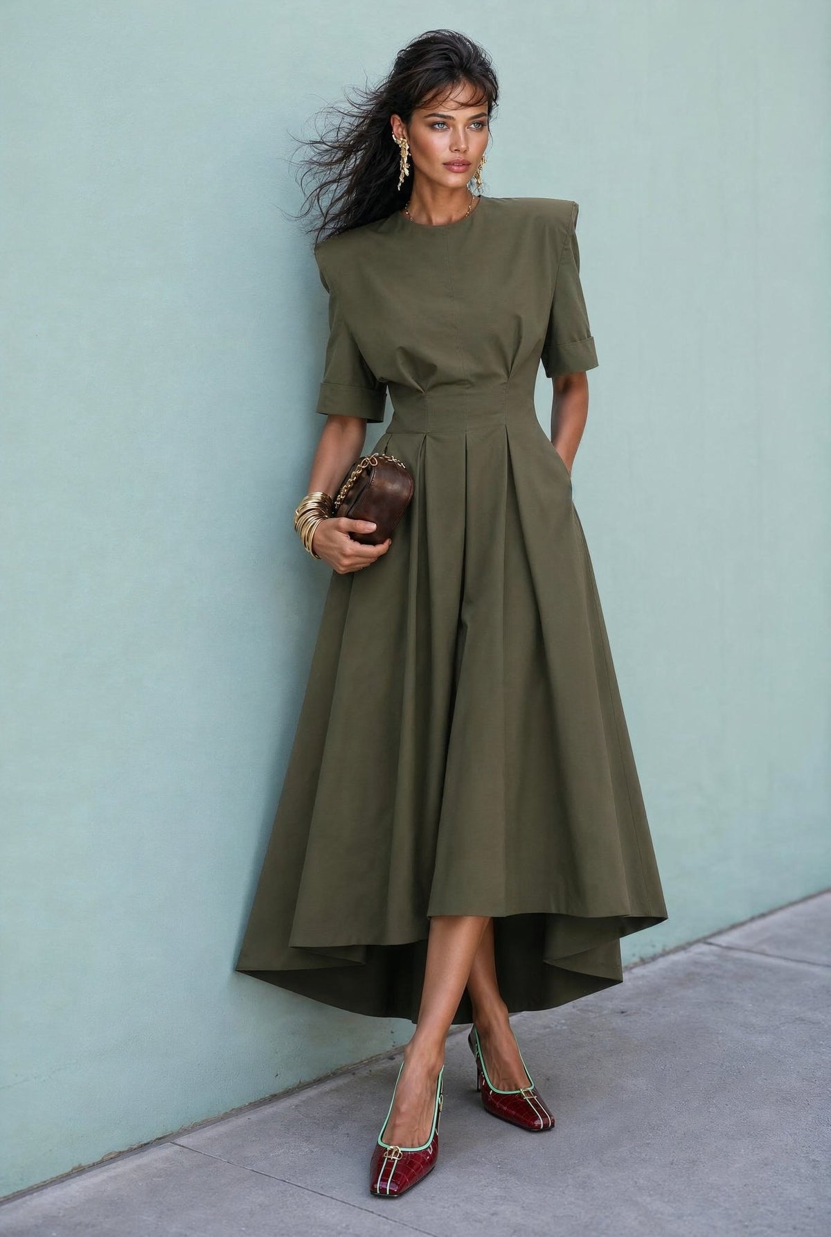 Audrey army-green high-low dress with fitted waist, full-length view