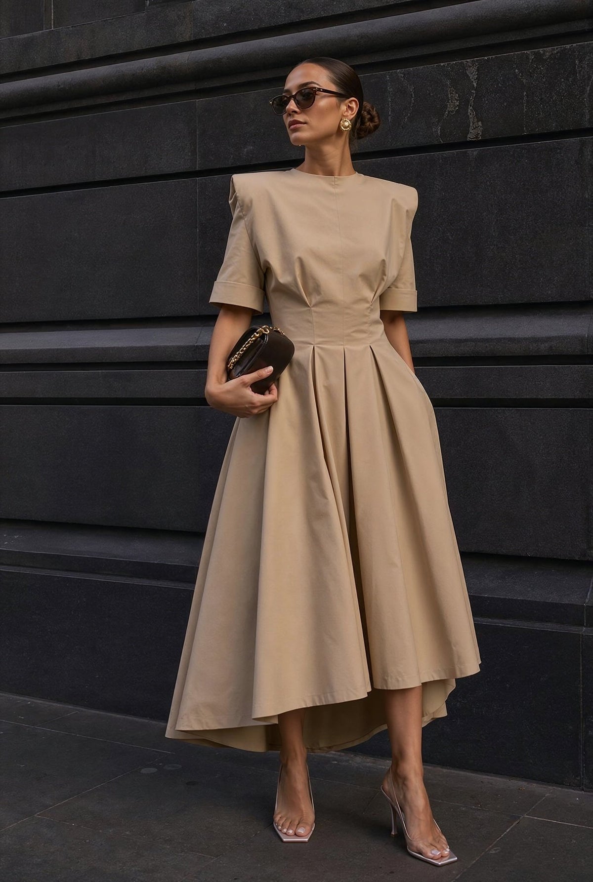Audrey warm-beige cotton-poplin midi dress with structured shoulders, front view