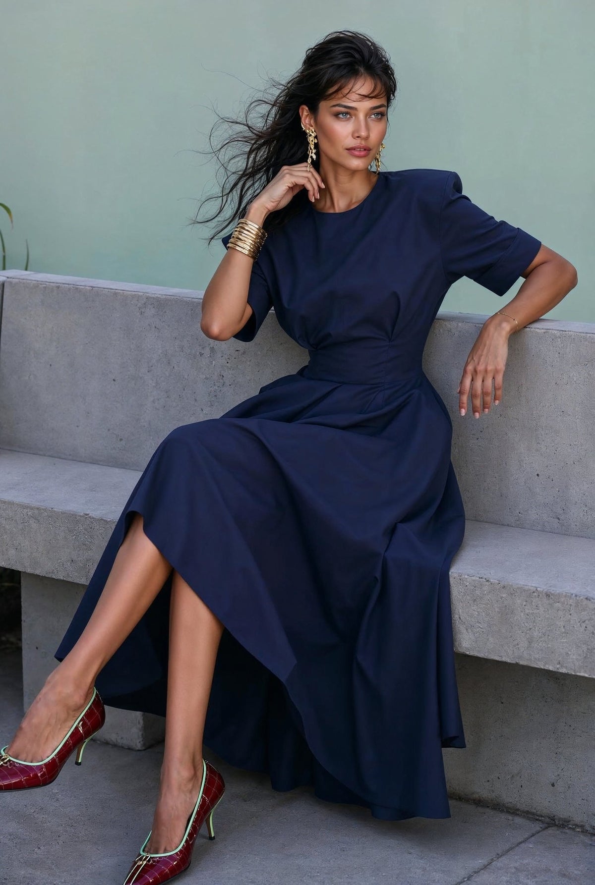 Audrey navy-blue cotton-poplin midi dress with high-low skirt, seated view