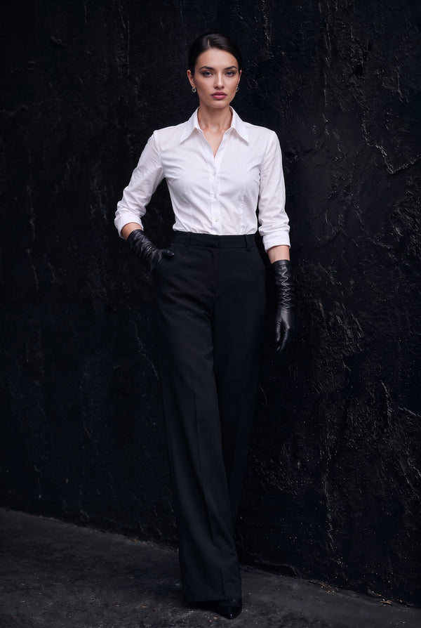 High-rise waistband and pressed crease detail on Aveline black pants